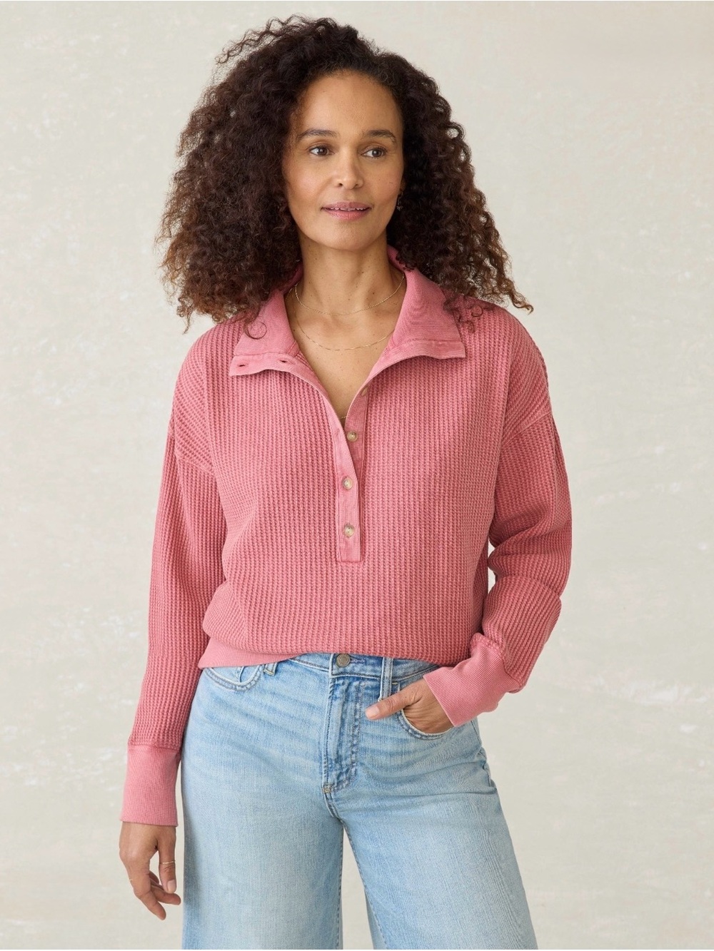 Faherty Apres Waffle henley - washed pink / salmon - medium 100% cotton